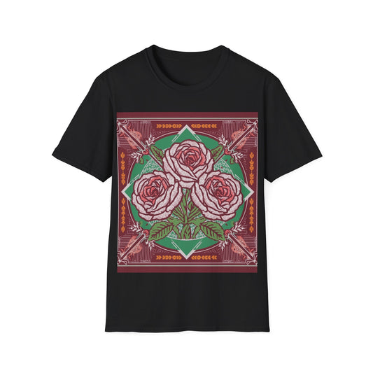 DAM BRAND® Bloom Tee black shirt with bold pink rose graphic and green leaves design