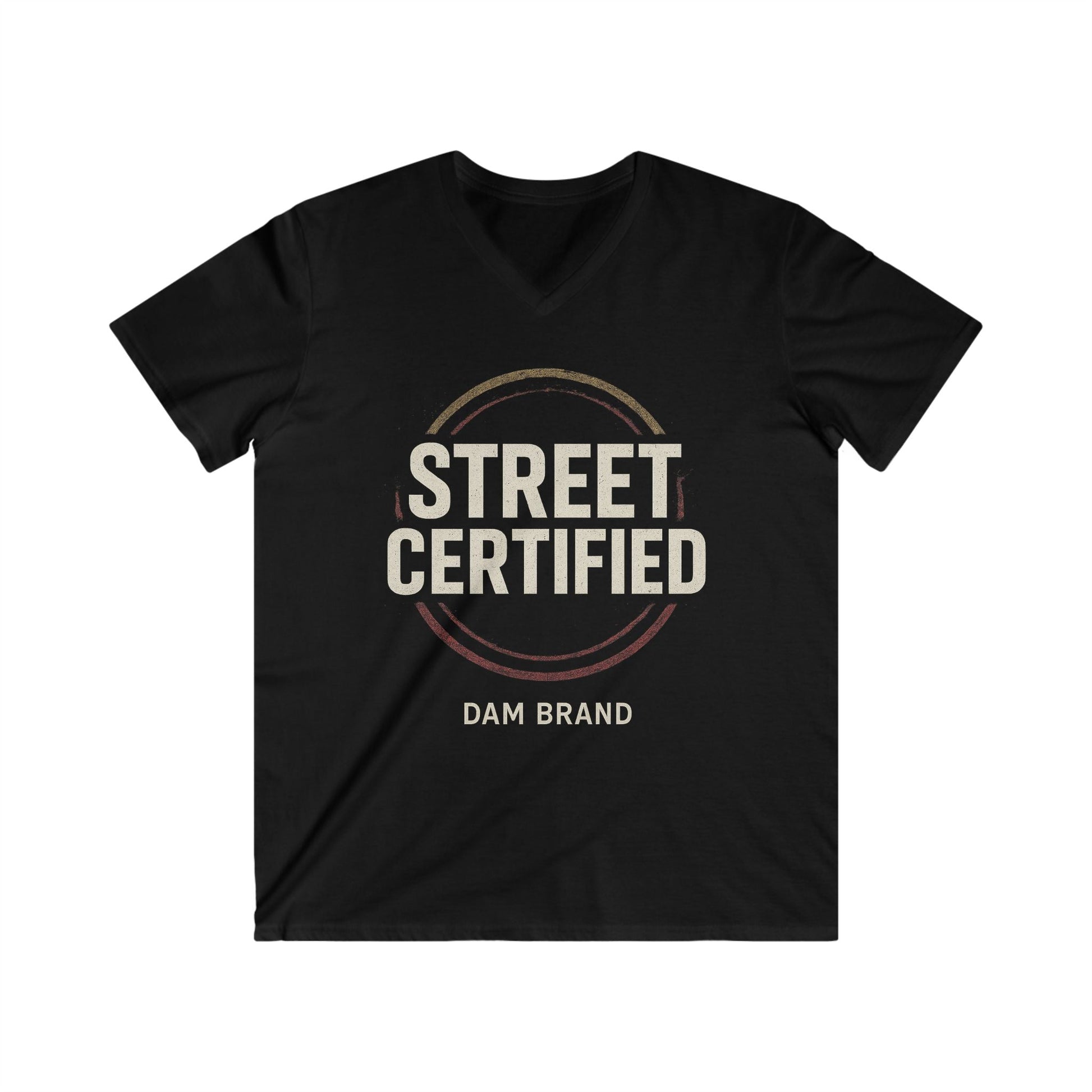 DAM BRAND STREET CERTIFIED Tee black cotton modern streetwear fit with distressed block print and red gold emblem