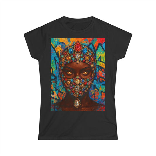 DAM BRAND® GEMFACE Tee with jeweled mask and graffiti background on black cotton shirt
