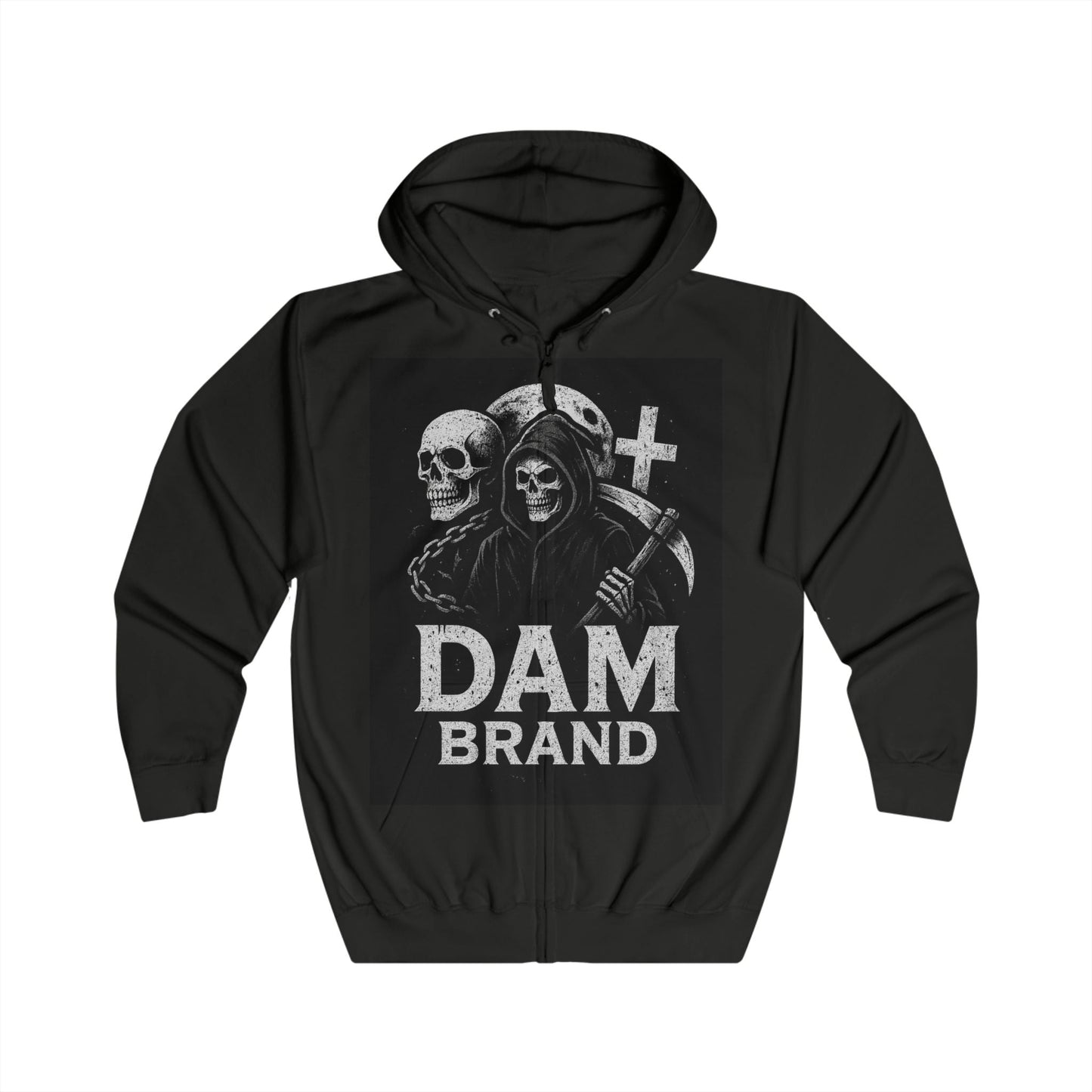 DAM BRAND® Gothic Graphic Hoodie with Halloween reaper design in black zip-up style