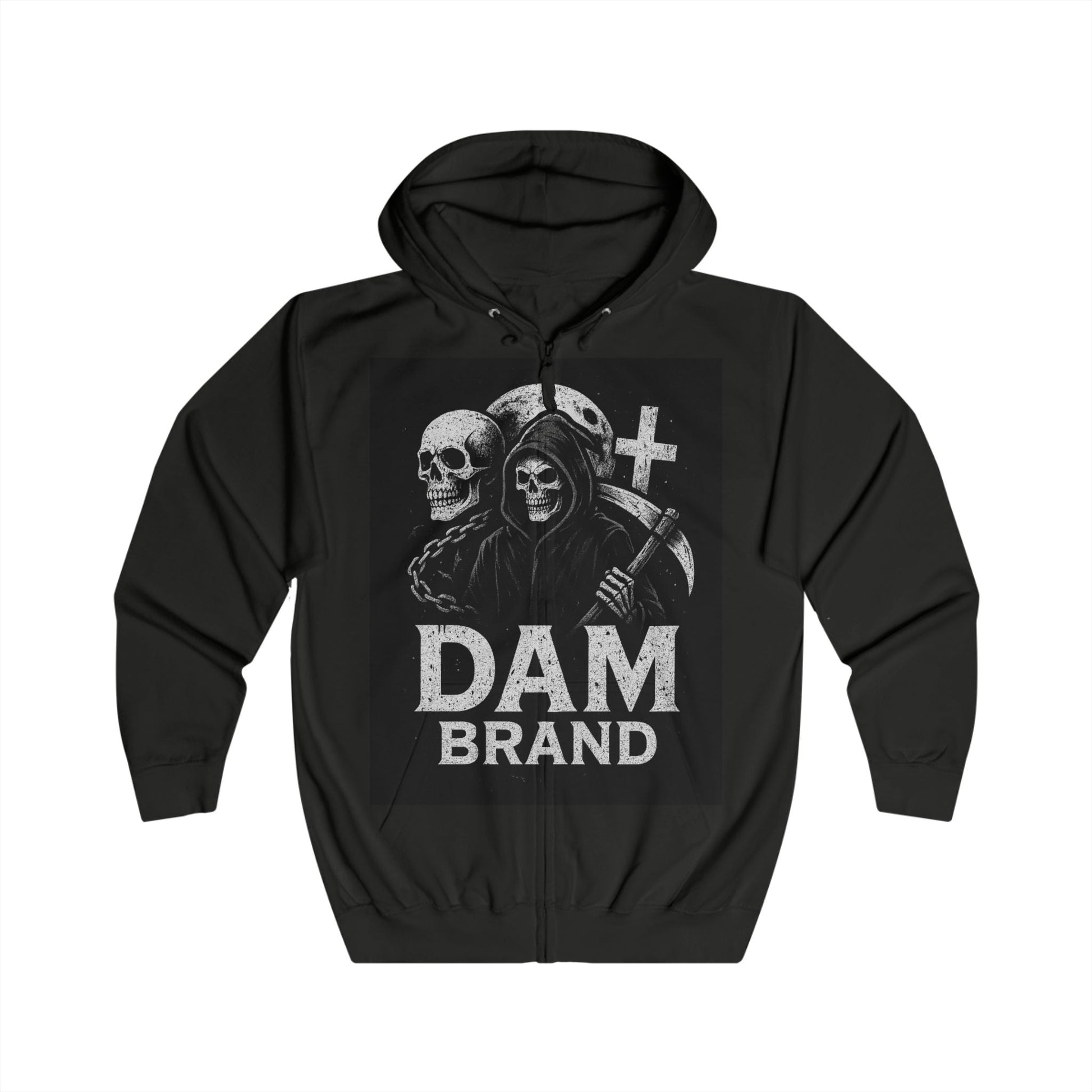 DAM BRAND® Gothic Graphic Hoodie with Halloween reaper design in black zip-up style