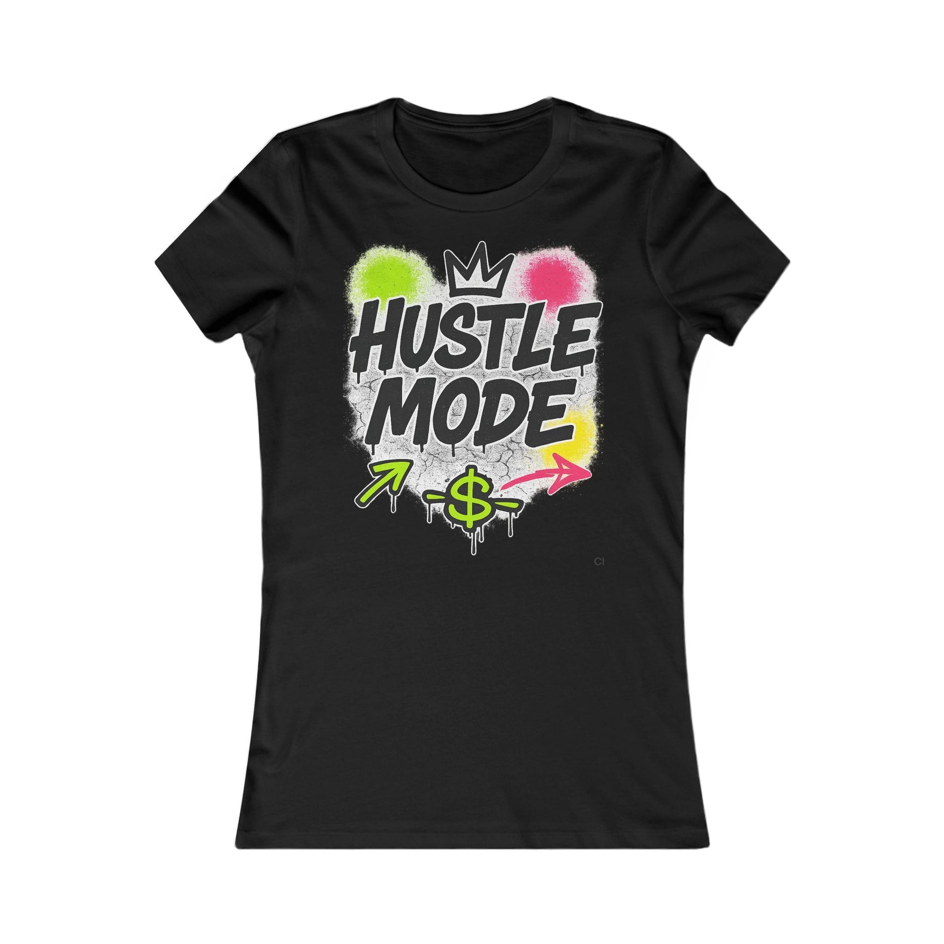 Black women's streetwear t-shirt with graffiti-style "HUSTLE MODE" text and colorful spray paint design