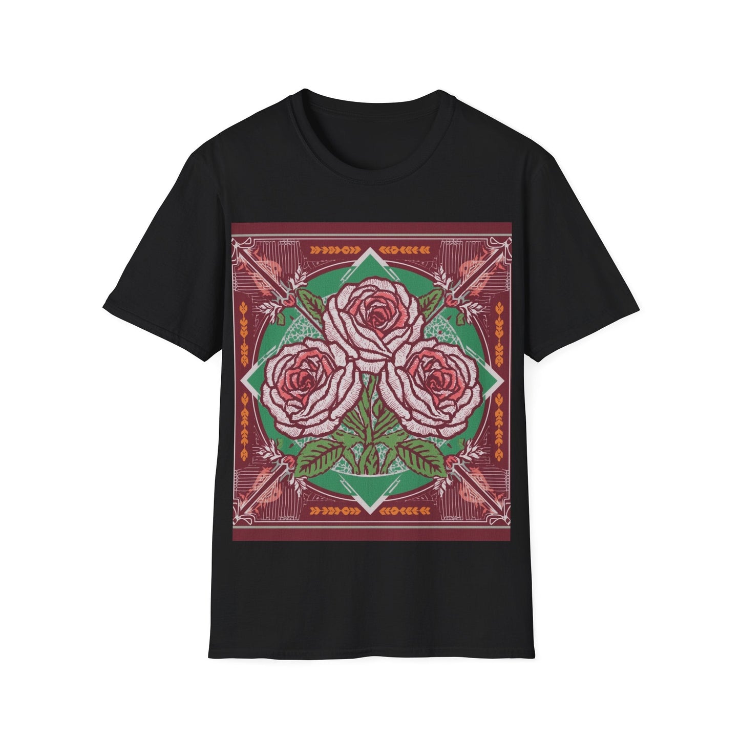 DAM BRAND® Bloom Tee black shirt with bold pink rose graphic and green leaves design