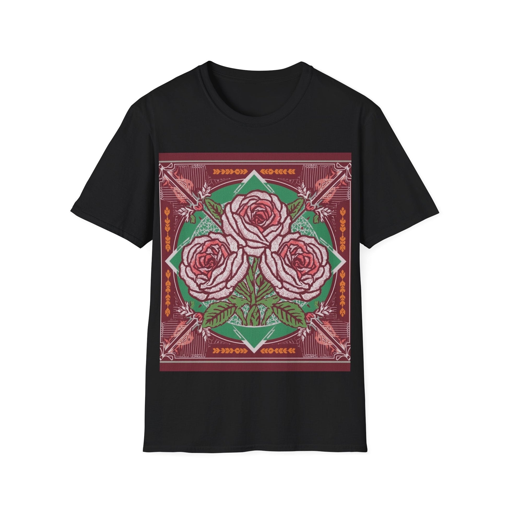 DAM BRAND® Bloom Tee black shirt with bold pink rose graphic and green leaves design