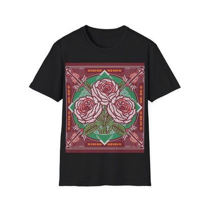 DAM BRAND® Bloom Tee black shirt with bold pink rose graphic and green leaves design