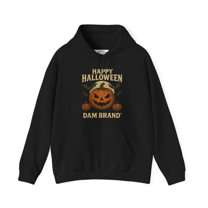 DAM BRAND® black Halloween hoodie with pumpkin and "Happy Halloween" text, premium cotton streetwear