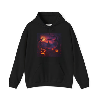 DAM BRAND® black Halloween hoodie with spooky pumpkin and haunted house graphic, oversized fleece sweatshirt