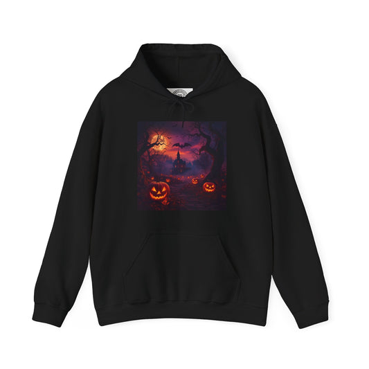 DAM BRAND® black Halloween hoodie with spooky pumpkin and haunted house graphic, oversized fleece sweatshirt