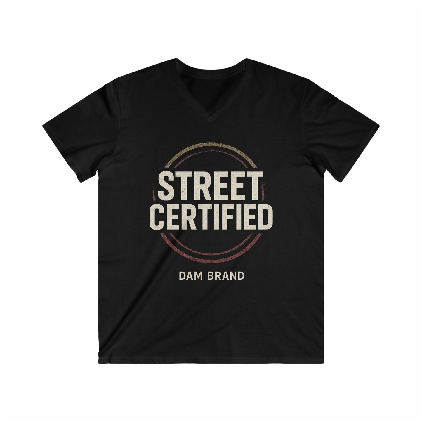 DAM BRAND STREET CERTIFIED Tee black cotton modern streetwear fit with distressed block print and red gold emblem