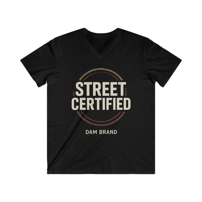 DAM BRAND STREET CERTIFIED Tee black cotton modern streetwear fit with distressed block print and red gold emblem