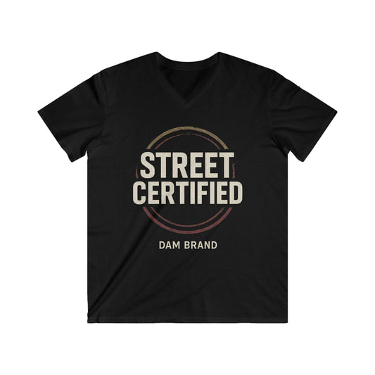 DAM BRAND STREET CERTIFIED Tee black cotton modern streetwear fit with distressed block print and red gold emblem