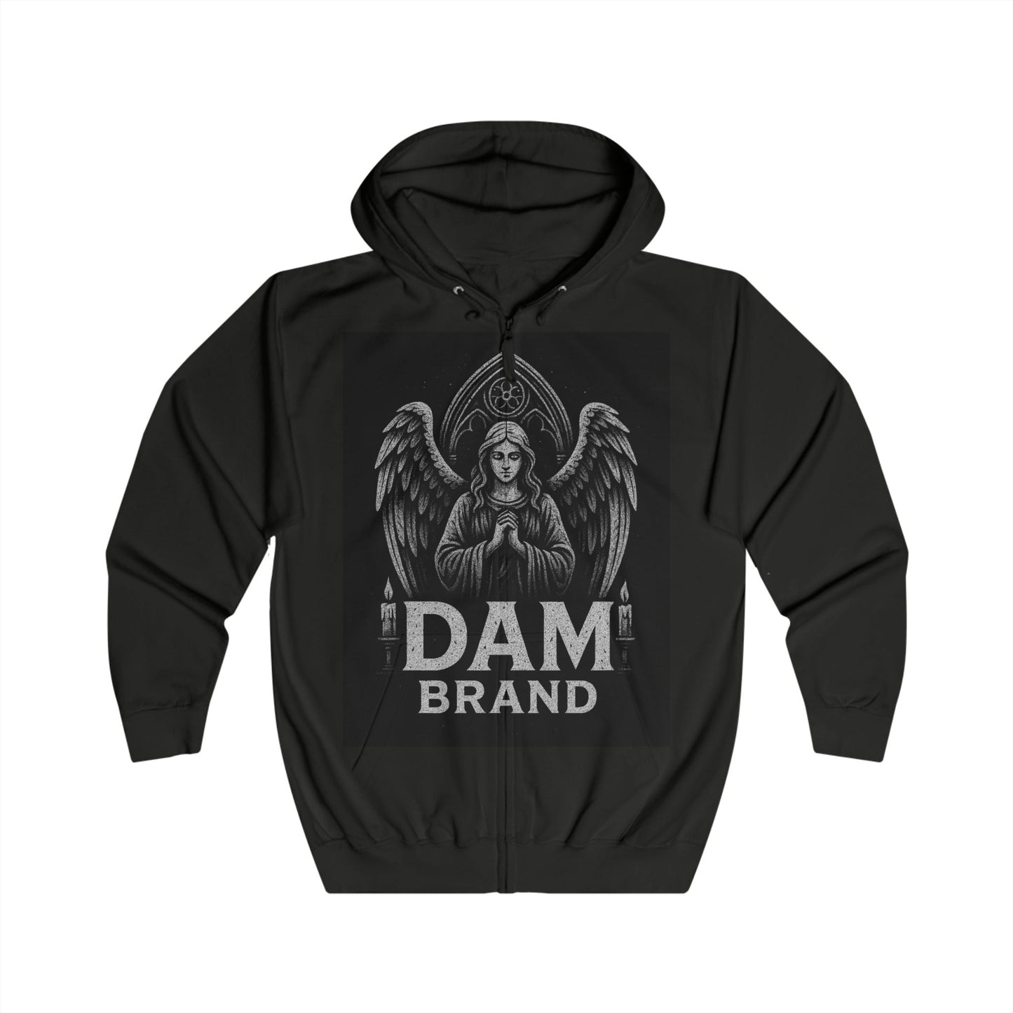 DAM BRAND® Gothic Graphic Hoodie with angel design and drawstring hood in black for Halloween streetwear
