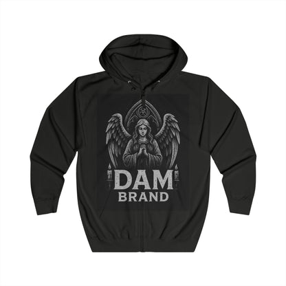 DAM BRAND® Gothic Graphic Hoodie with angel design and drawstring hood in black for Halloween streetwear