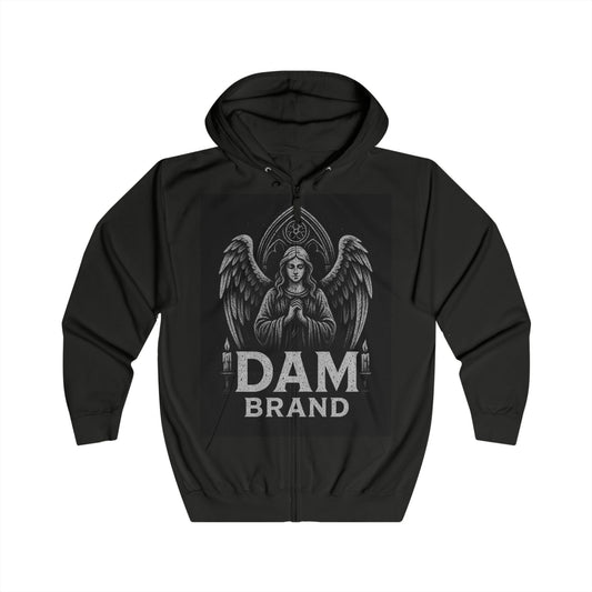 DAM BRAND® Gothic Graphic Hoodie with angel design and drawstring hood in black for Halloween streetwear