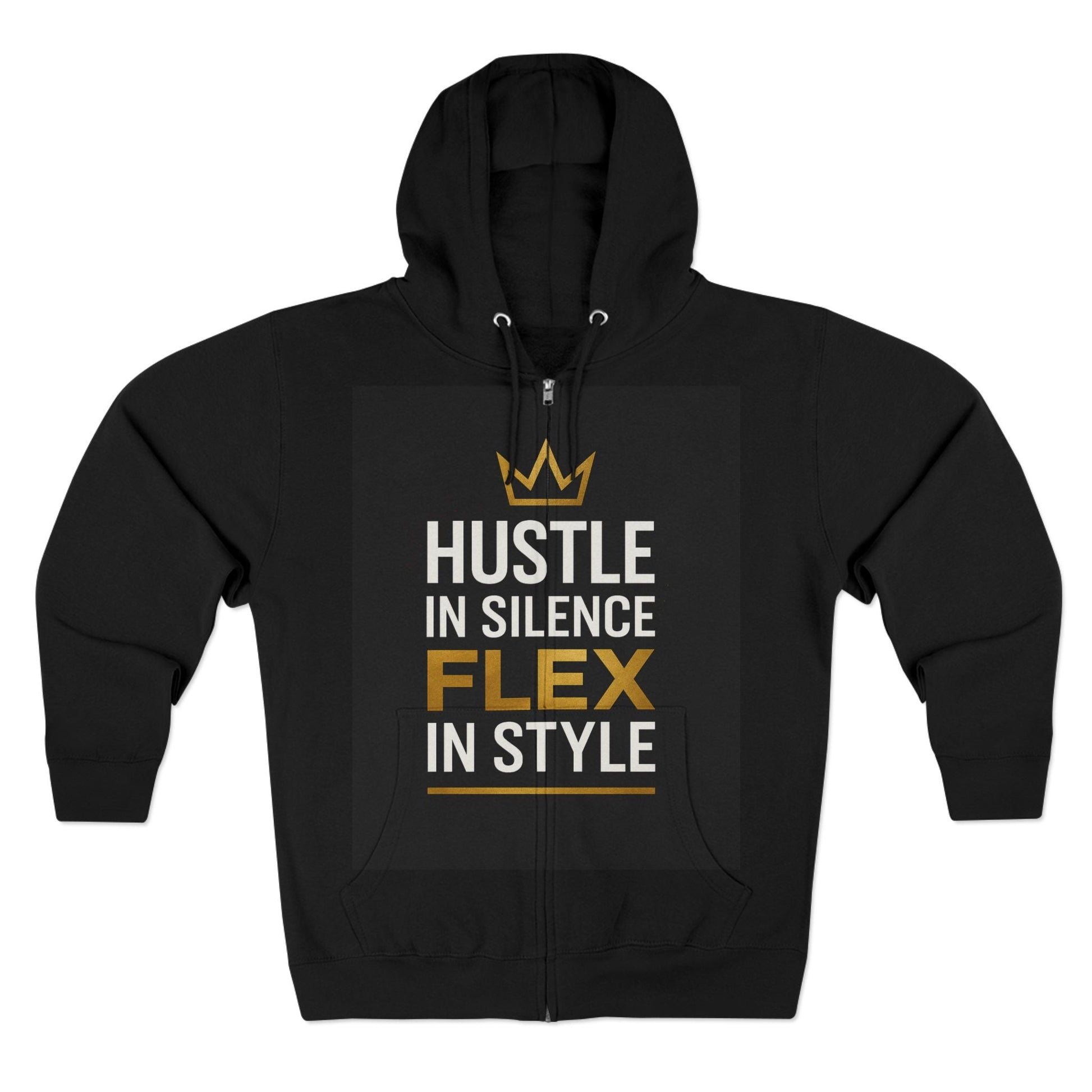DAM BRAND® Hustle Mode Crown black hoodie with gold and white "Hustle in Silence Flex in Style" text and crown design