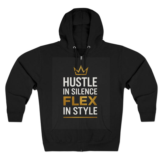DAM BRAND® Hustle Mode Crown black hoodie with gold and white "Hustle in Silence Flex in Style" text and crown design