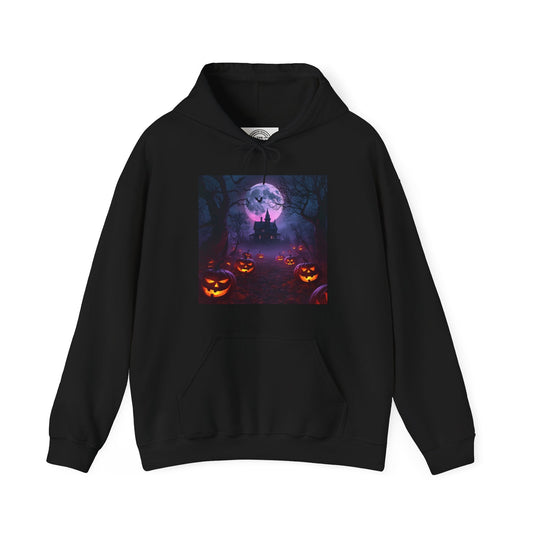 DAM BRAND® black Halloween hoodie with spooky jack-o'-lanterns and haunted house graphic