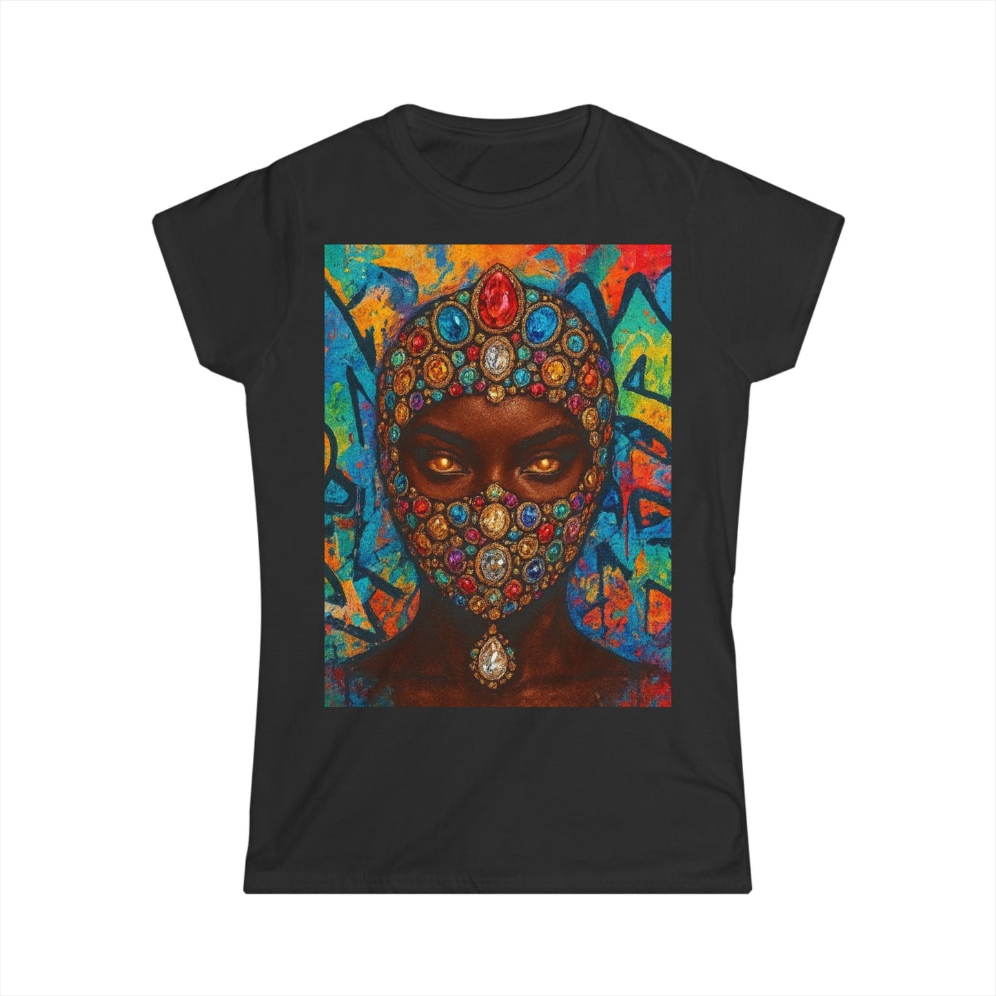DAM BRAND® GEMFACE Tee with jeweled mask and graffiti background on black cotton shirt