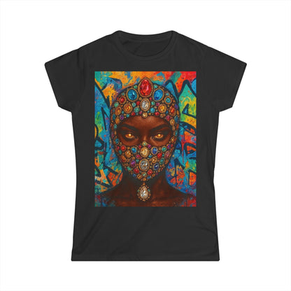 DAM BRAND® GEMFACE Tee with jeweled mask and graffiti background on black cotton shirt
