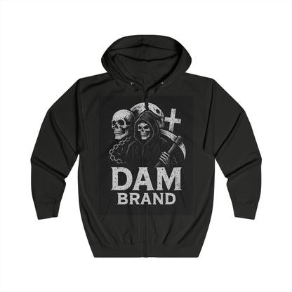 DAM BRAND® Gothic Graphic Hoodie with Halloween reaper design in black zip-up style