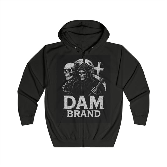 DAM BRAND® Gothic Graphic Hoodie with Halloween reaper design in black zip-up style