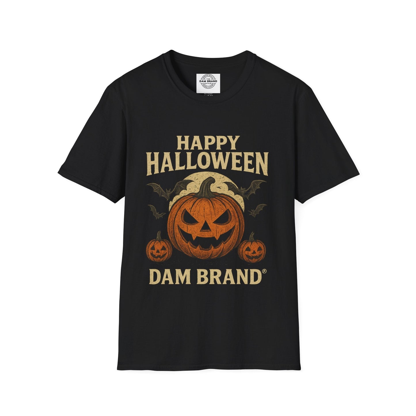 Black DAM BRAND® Halloween tee with pumpkin and bat graphic and "Happy Halloween" text